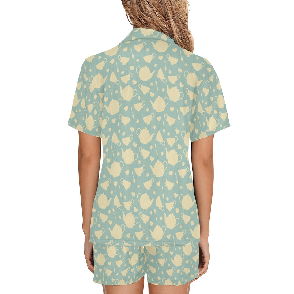 Tea pots Pattern Print Design 02 Women's V-Neck Short Pajama Set