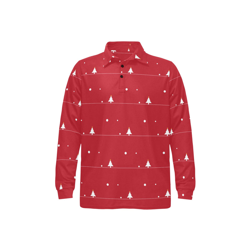 Christmas tree star snow red background Men's Long Sleeve Polo Shirt