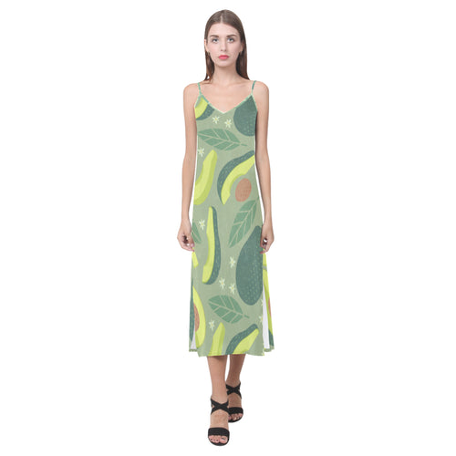 Avocado pattern V-Neck Open Fork Long Dress