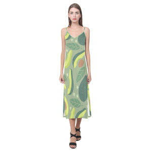 Avocado pattern V-Neck Open Fork Long Dress