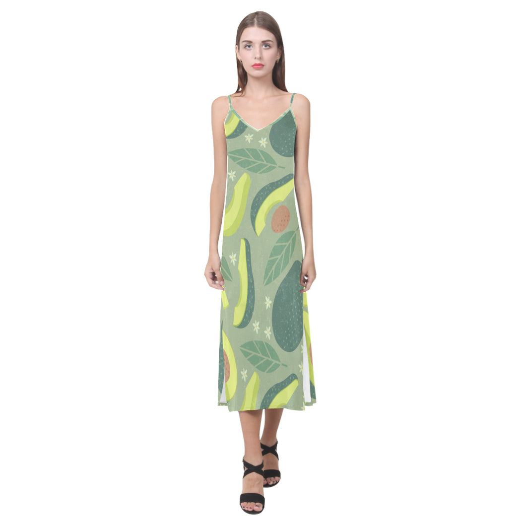 Avocado pattern V-Neck Open Fork Long Dress