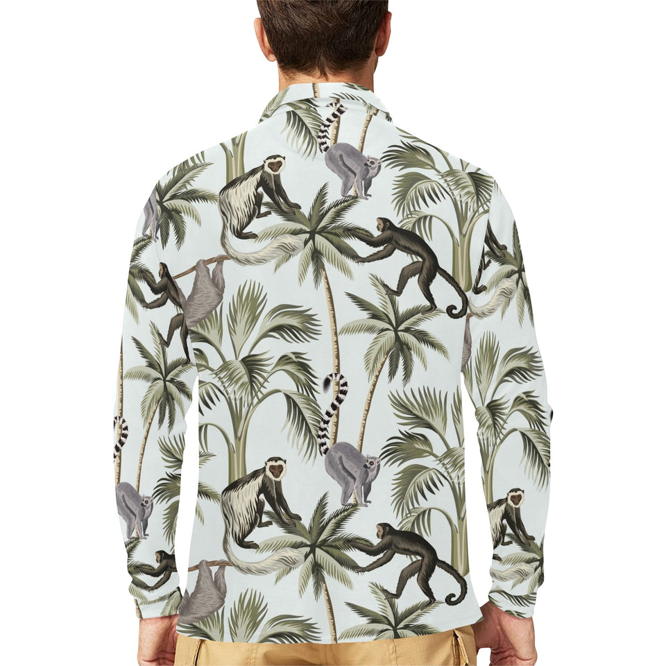 Monkey sloth lemur palm trees pattern Men's Long Sleeve Polo Shirt