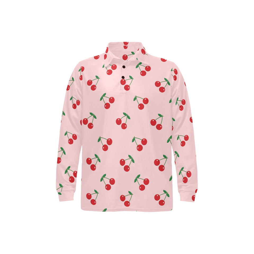 cherry pattern pink background Men's Long Sleeve Polo Shirt