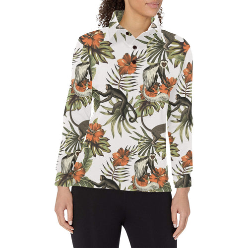 Monkey red hibiscus flower palm leaves floral patt Women's Long Sleeve Polo Shirt