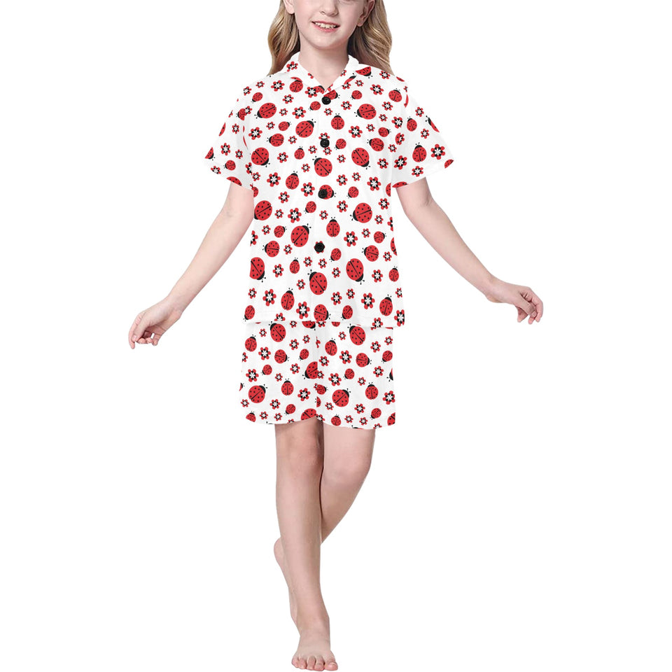 Ladybug Pattern Print Design 04 Kids' Boys' Girls' V-Neck Short Pajama Set