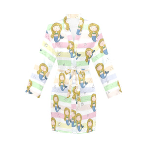 Cute hand drawn mermaid Women's Long Sleeve Belted Night Robe
