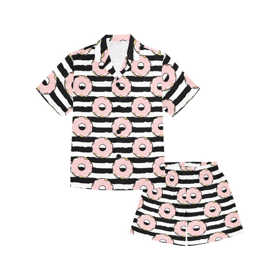 Donuts pink icing striped pattern Kids' Boys' Girls' V-Neck Short Pajama Set