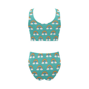 Rainbow pattern green background Chest Bowknot High Waisted Bikini Swimsuit