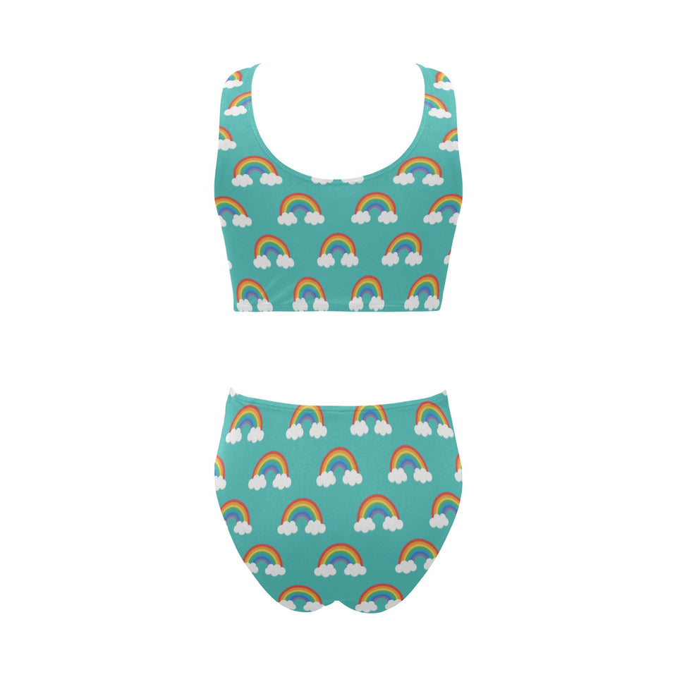 Rainbow pattern green background Chest Bowknot High Waisted Bikini Swimsuit