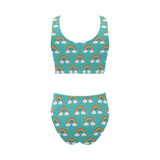 Rainbow pattern green background Chest Bowknot High Waisted Bikini Swimsuit