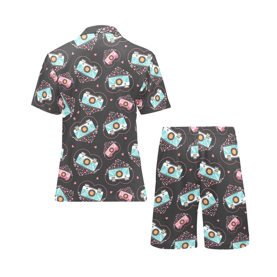 Camera Pattern Print Design 04 Men's V-Neck Short Pajama Set