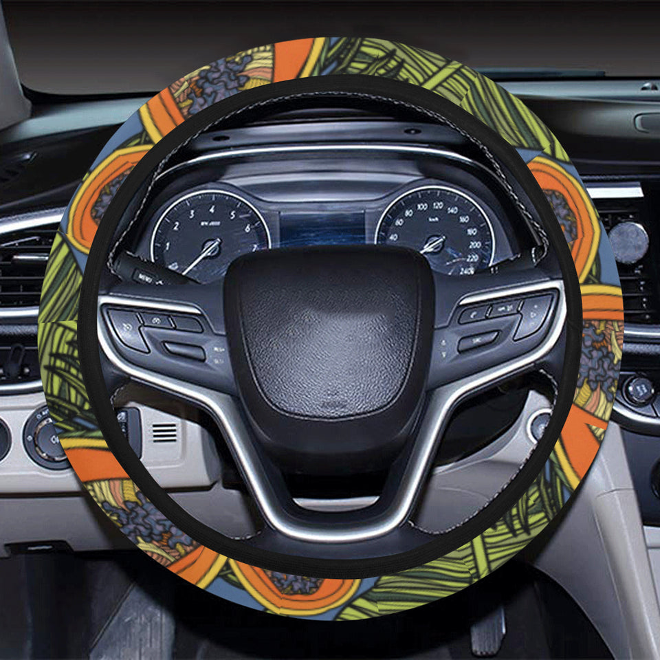 Colorful papaya tropical leaves Car Steering Wheel Cover