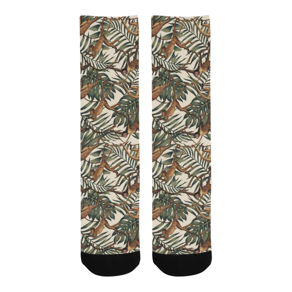 Monkey tropical leaves background Crew Socks