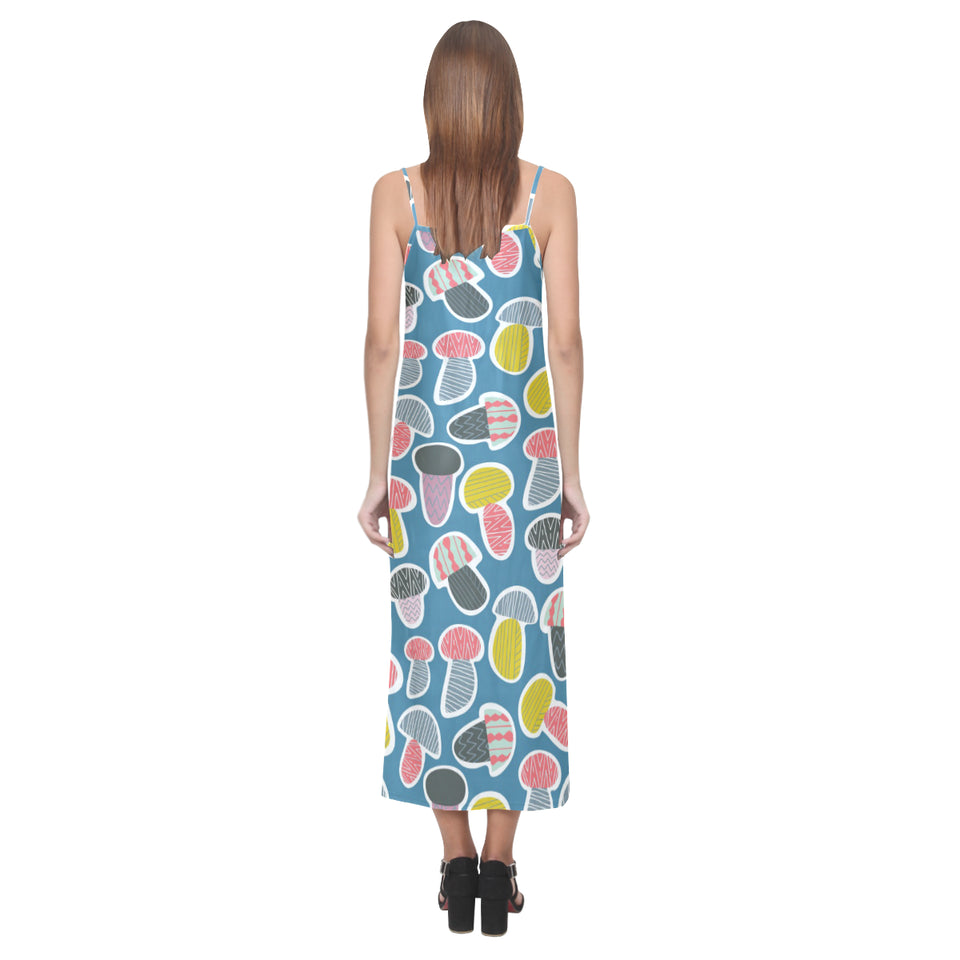 Colorful mushroom design pattern V-Neck Open Fork Long Dress