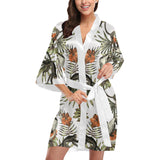 Monkey red hibiscus flower palm leaves floral patt Women's Short Kimono Robe