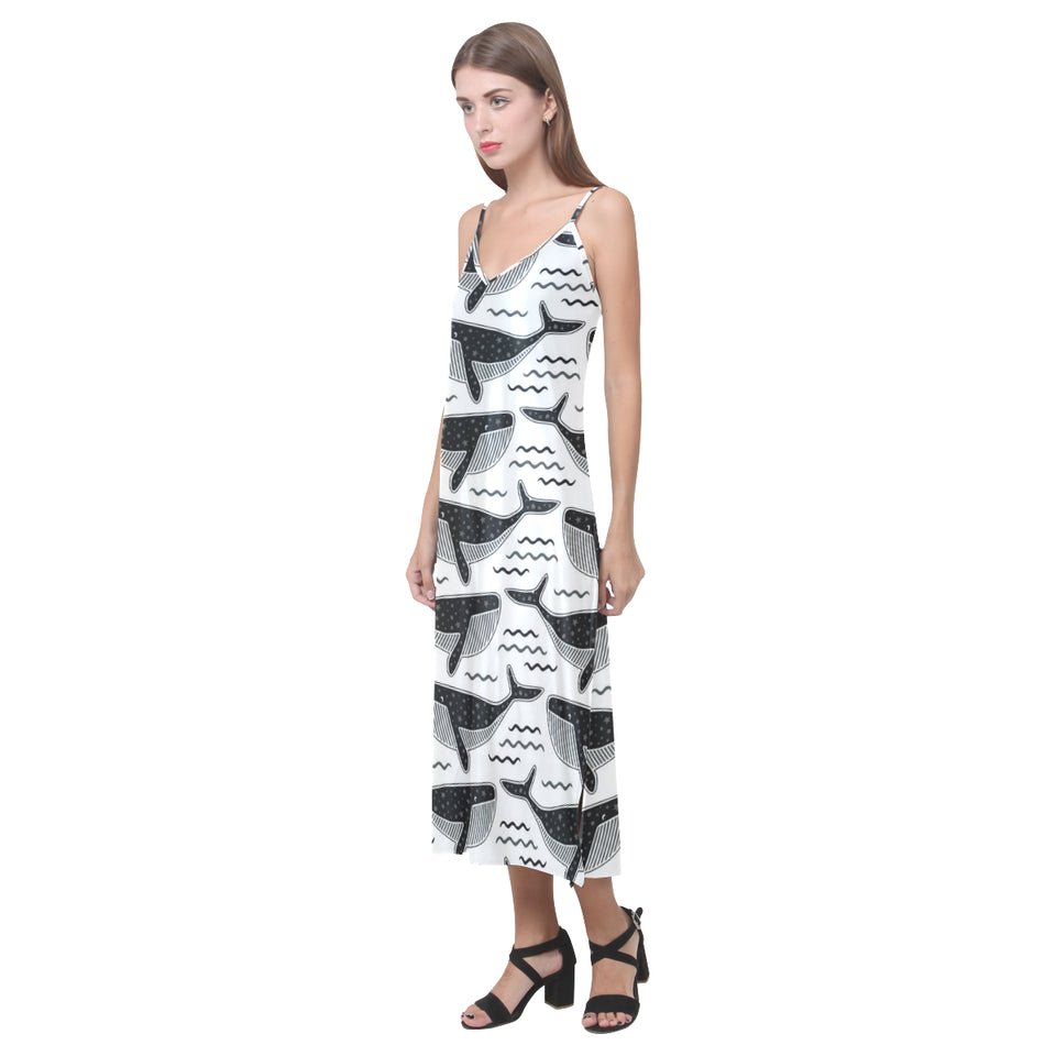 Black whale pattern V-Neck Open Fork Long Dress