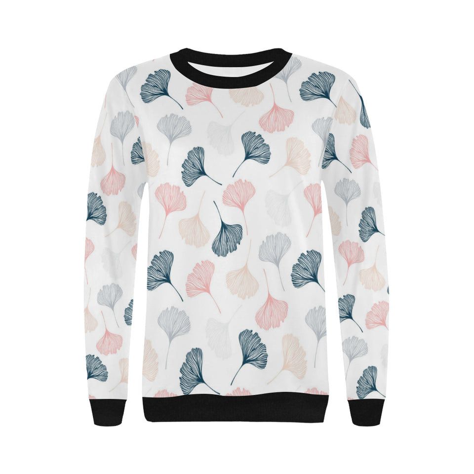 Black Gray Cream coral ginkgo leaves pattern Women's Crew Neck Sweatshirt