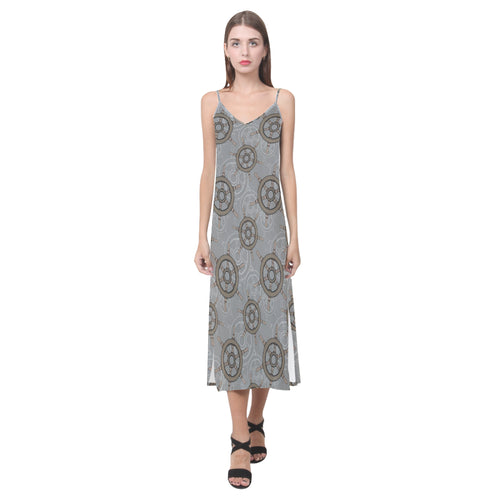 nautical wood steering wheel pattern V-Neck Open Fork Long Dress