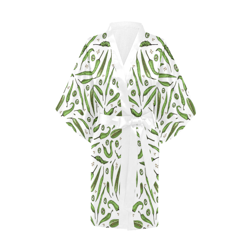 Hand drawn sketch style green Chili peppers patter Women's Short Kimono Robe