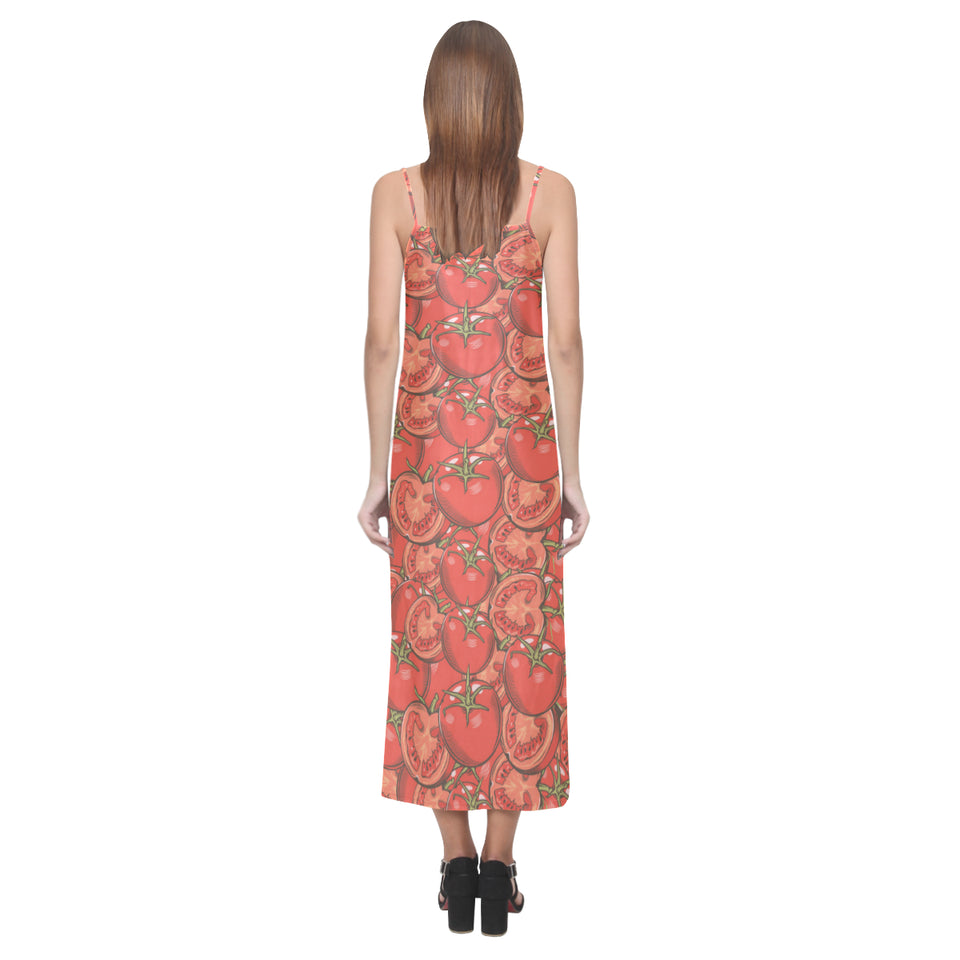 Red Tomato Pattern V-Neck Open Fork Long Dress