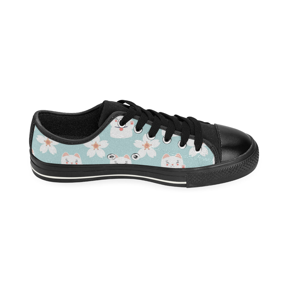 Maneki neko cat sakura Men's Low Top Canvas Shoes Black