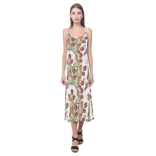 Red tulips and daffodils pattern V-Neck Open Fork Long Dress