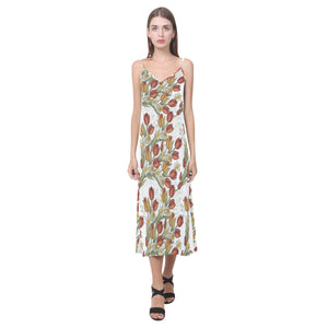 Red tulips and daffodils pattern V-Neck Open Fork Long Dress
