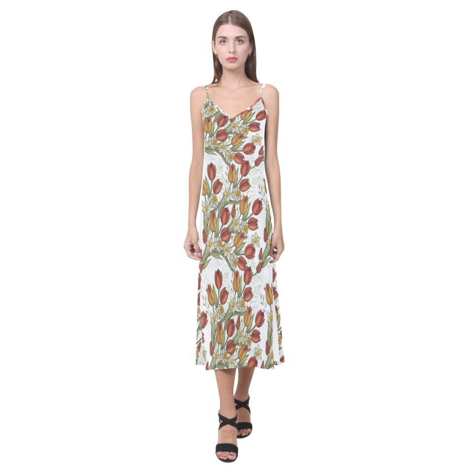 Red tulips and daffodils pattern V-Neck Open Fork Long Dress