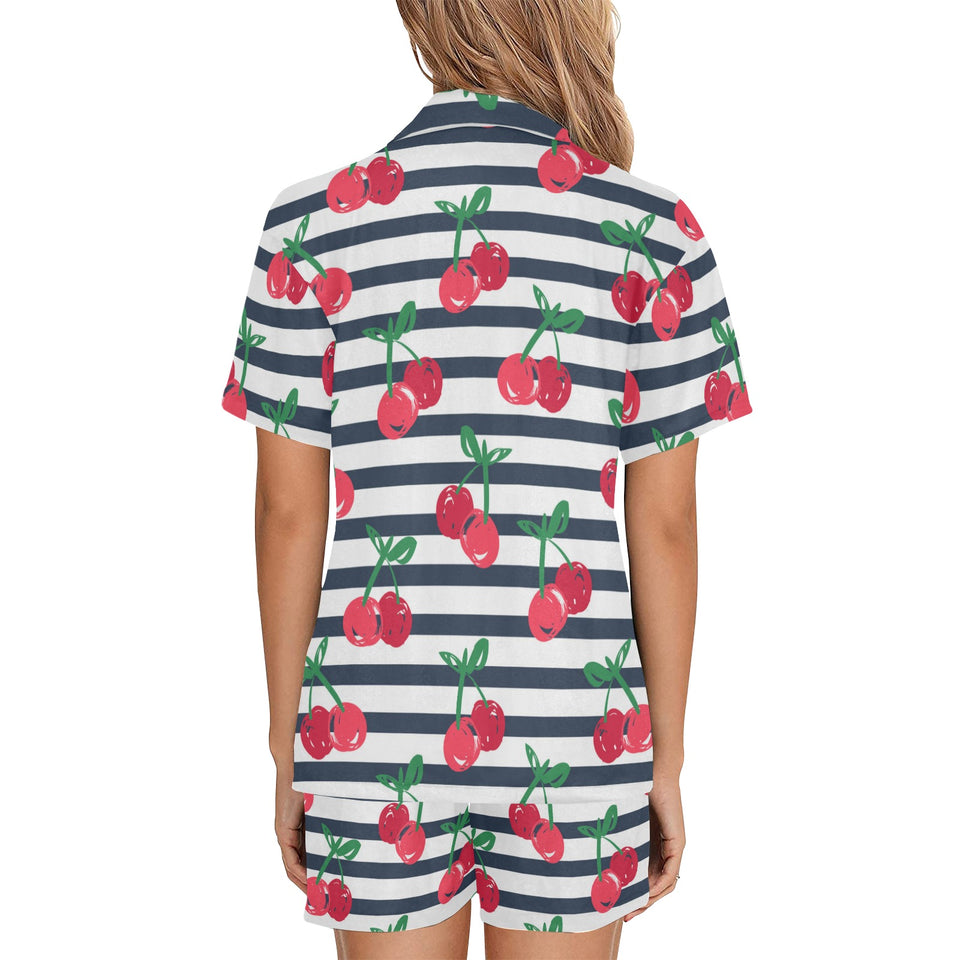 Hand drawn cherry pattern striped background Women's V-Neck Short Pajama Set