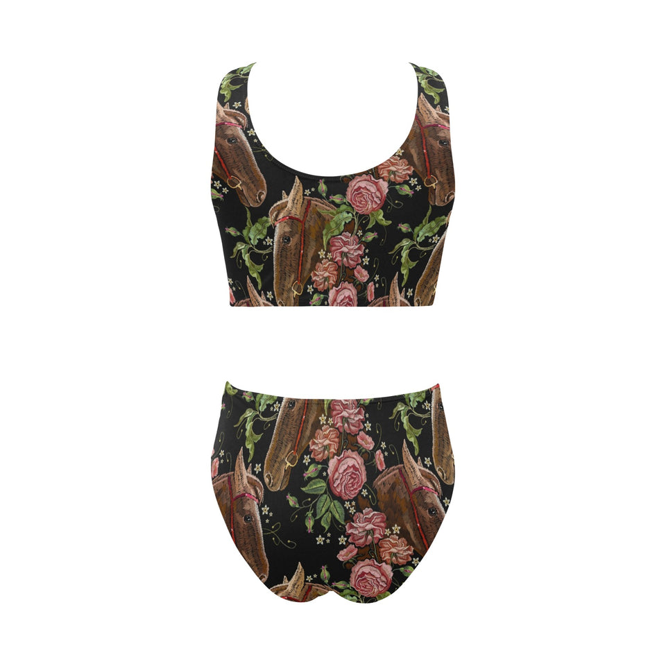 Horse head wild roses pattern Chest Bowknot High Waisted Bikini Swimsuit