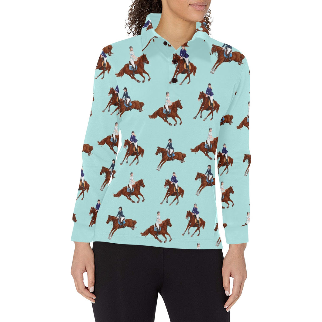 Horses running horses rider pattern Women's Long Sleeve Polo Shirt