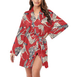 Zebra abstract red background Women's Long Sleeve Belted Night Robe
