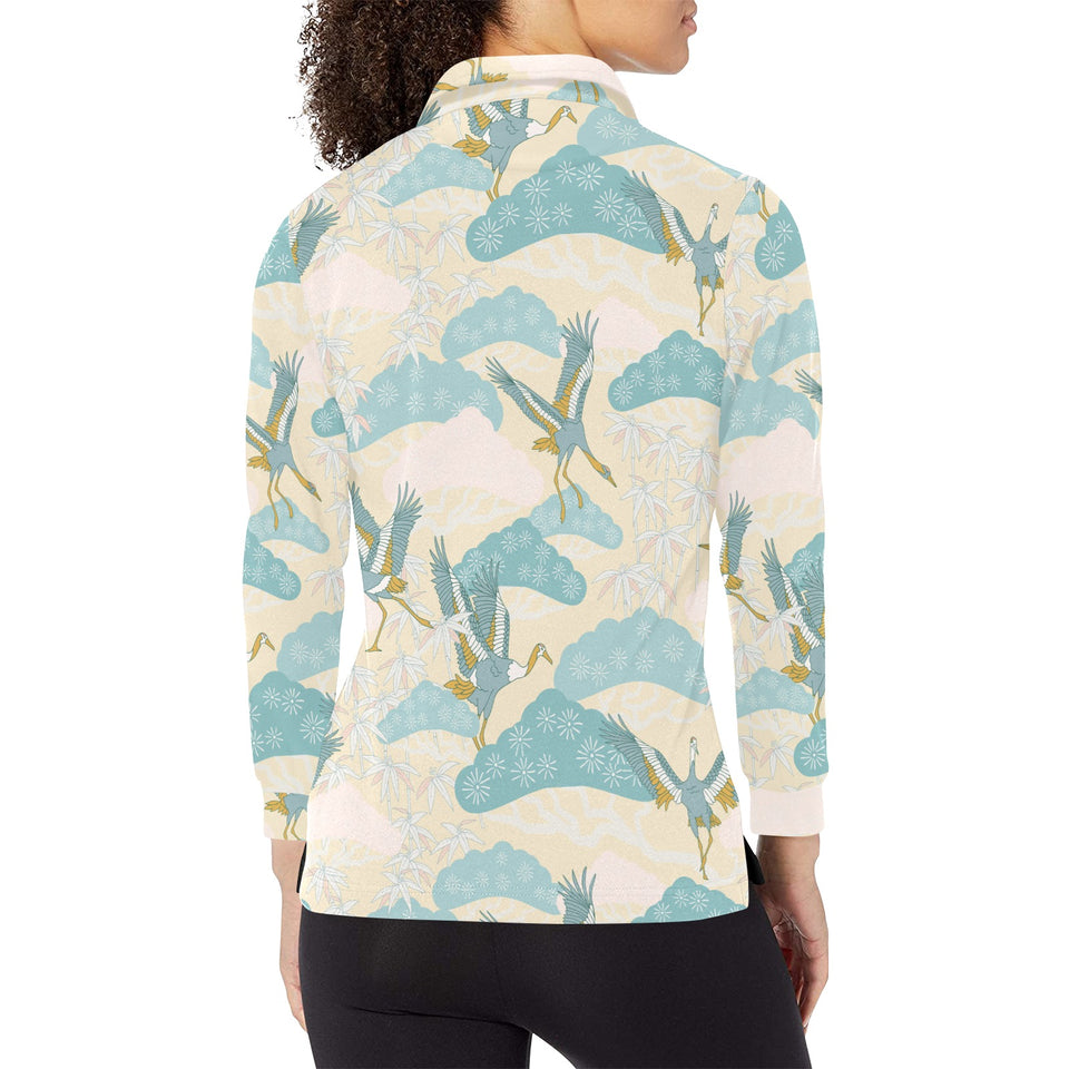 Bonsai bamboo stork japanese pattern cream theme Women's Long Sleeve Polo Shirt