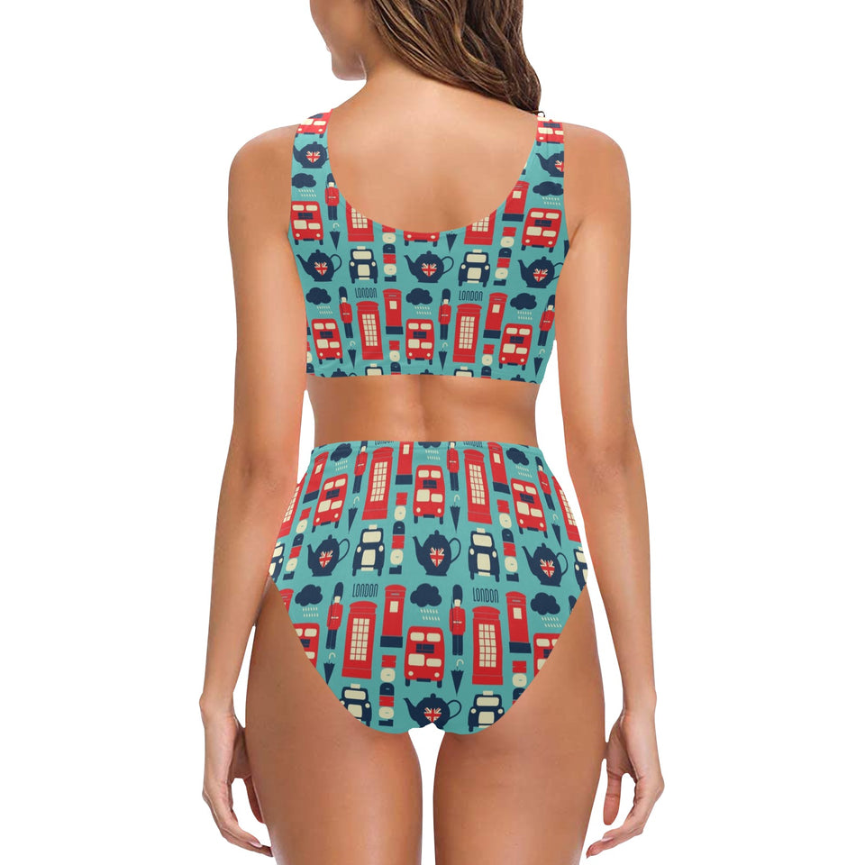 British Pattern Print Design 04 Chest Bowknot High Waisted Bikini Swimsuit