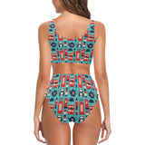 British Pattern Print Design 04 Chest Bowknot High Waisted Bikini Swimsuit