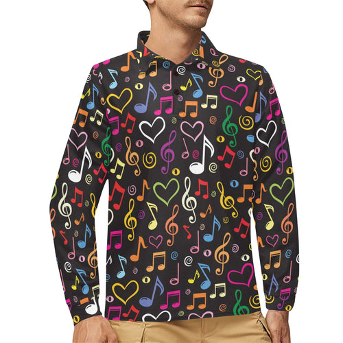 Music Notes Pattern Print Design 02 Men's Long Sleeve Polo Shirt
