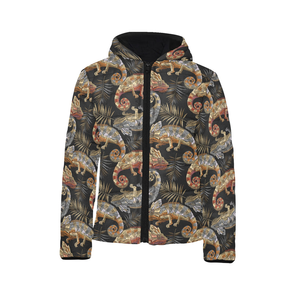 Chameleon lizard tropical leaves palm tree Kids' Boys' Girls' Padded Hooded Jacket