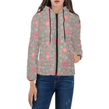 Red gold Sakura cherry blossom gray background Women's Padded Hooded Jacket