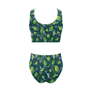 Lime ice flower pattern Chest Bowknot High Waisted Bikini Swimsuit