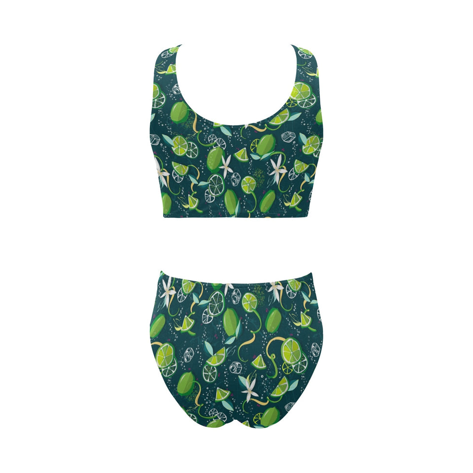 Lime ice flower pattern Chest Bowknot High Waisted Bikini Swimsuit