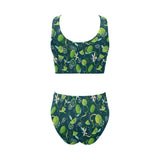 Lime ice flower pattern Chest Bowknot High Waisted Bikini Swimsuit