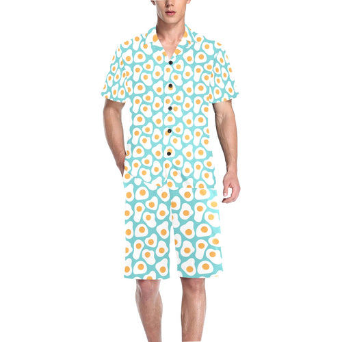 Fried Eggs Pattern Print Design 04 Men's V-Neck Short Pajama Set
