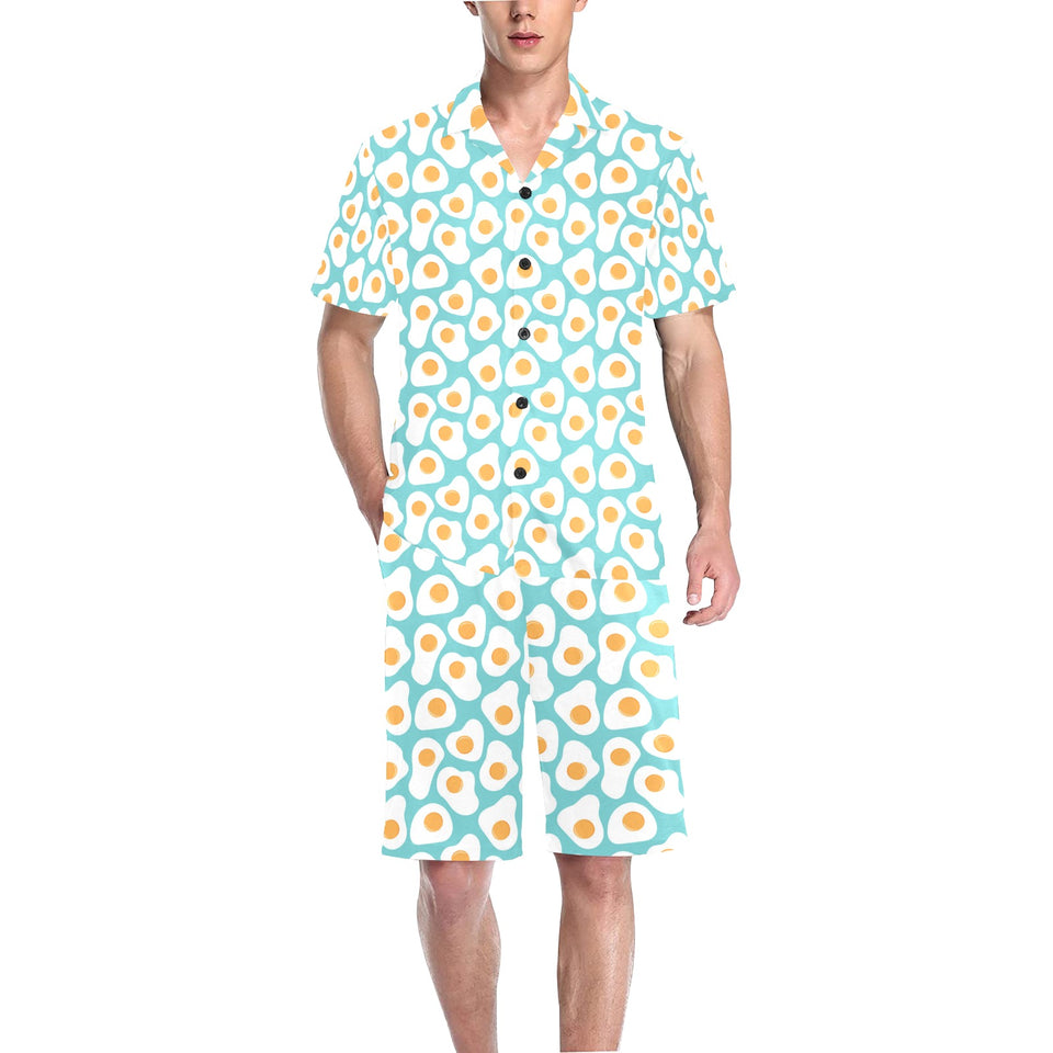 Fried Eggs Pattern Print Design 04 Men's V-Neck Short Pajama Set