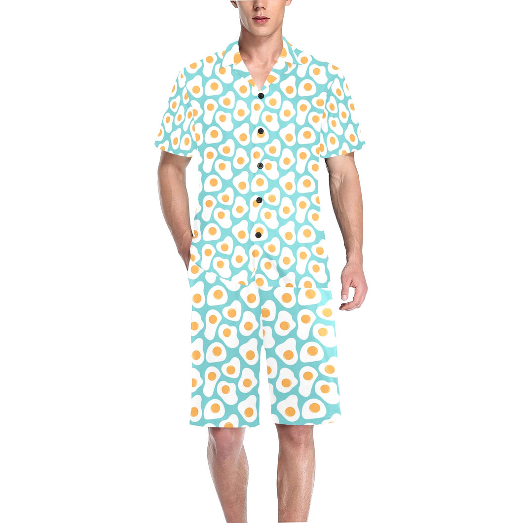 Fried Eggs Pattern Print Design 04 Men's V-Neck Short Pajama Set