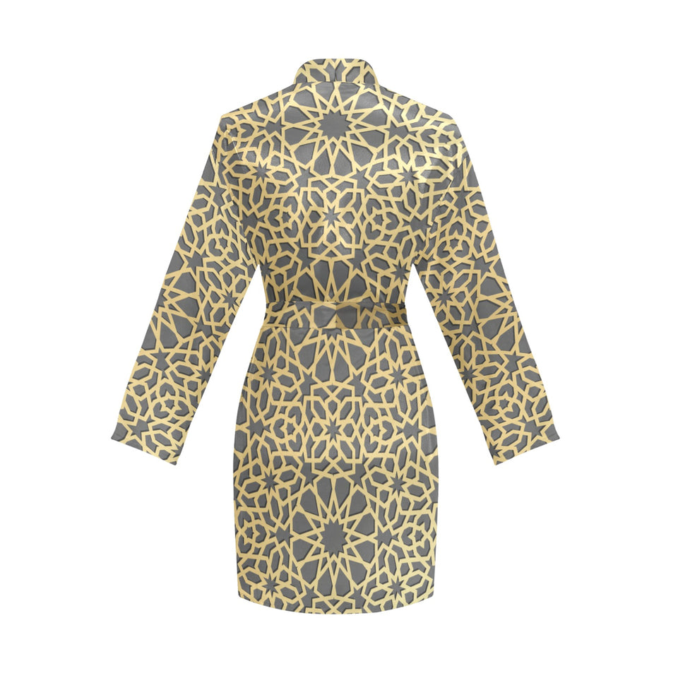 arabic star gold pattern Women's Long Sleeve Belted Night Robe