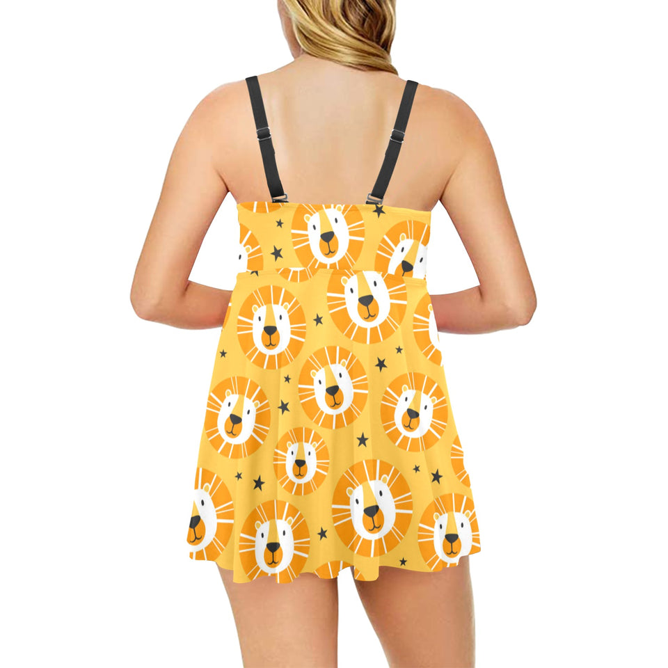 Lion Pattern Print Design 03 Chest Sexy Pleated Two Piece Swim Dress