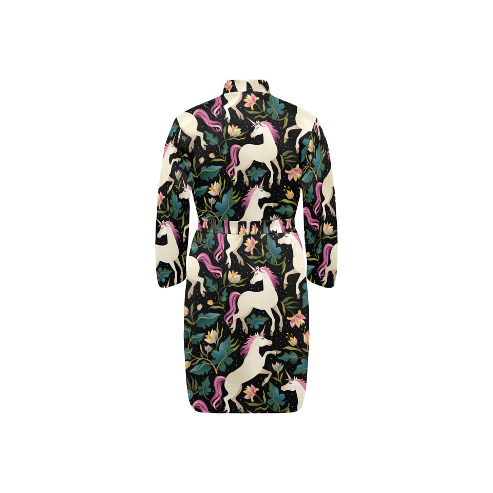 Unicorns forest background Men's Long Sleeve Belted Night Robe