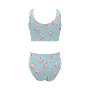 Cute cow flower pattern Chest Bowknot High Waisted Bikini Swimsuit