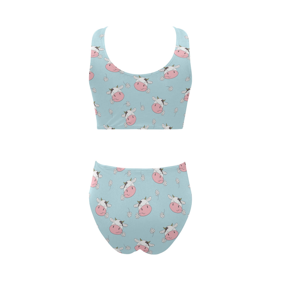 Cute cow flower pattern Chest Bowknot High Waisted Bikini Swimsuit