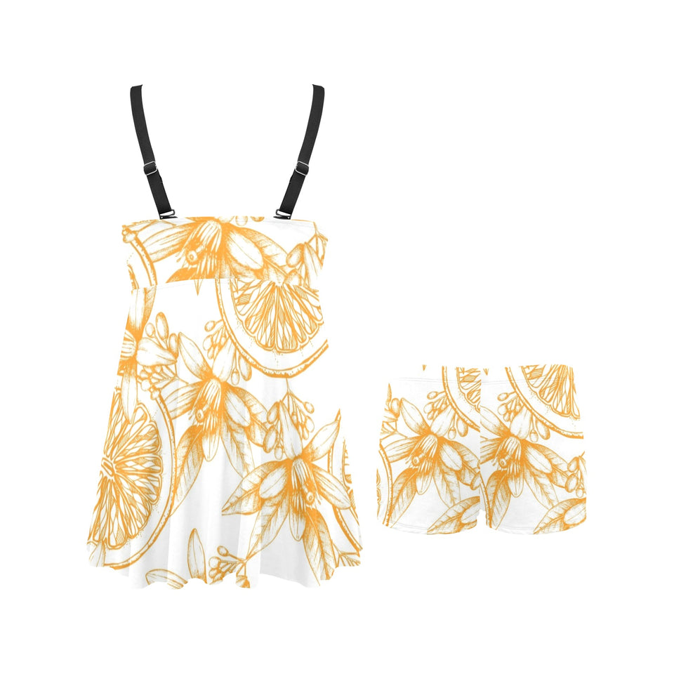hand drawn orange fruit pattern Chest Sexy Pleated Two Piece Swim Dress